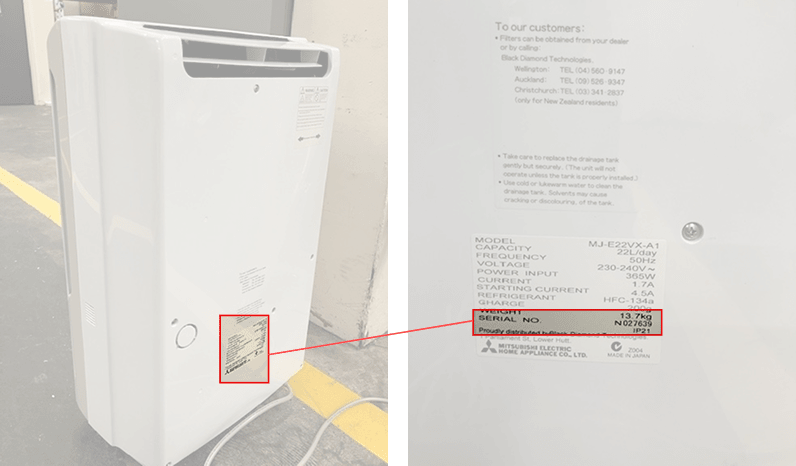 OASIS Dehumidifier Label Location
